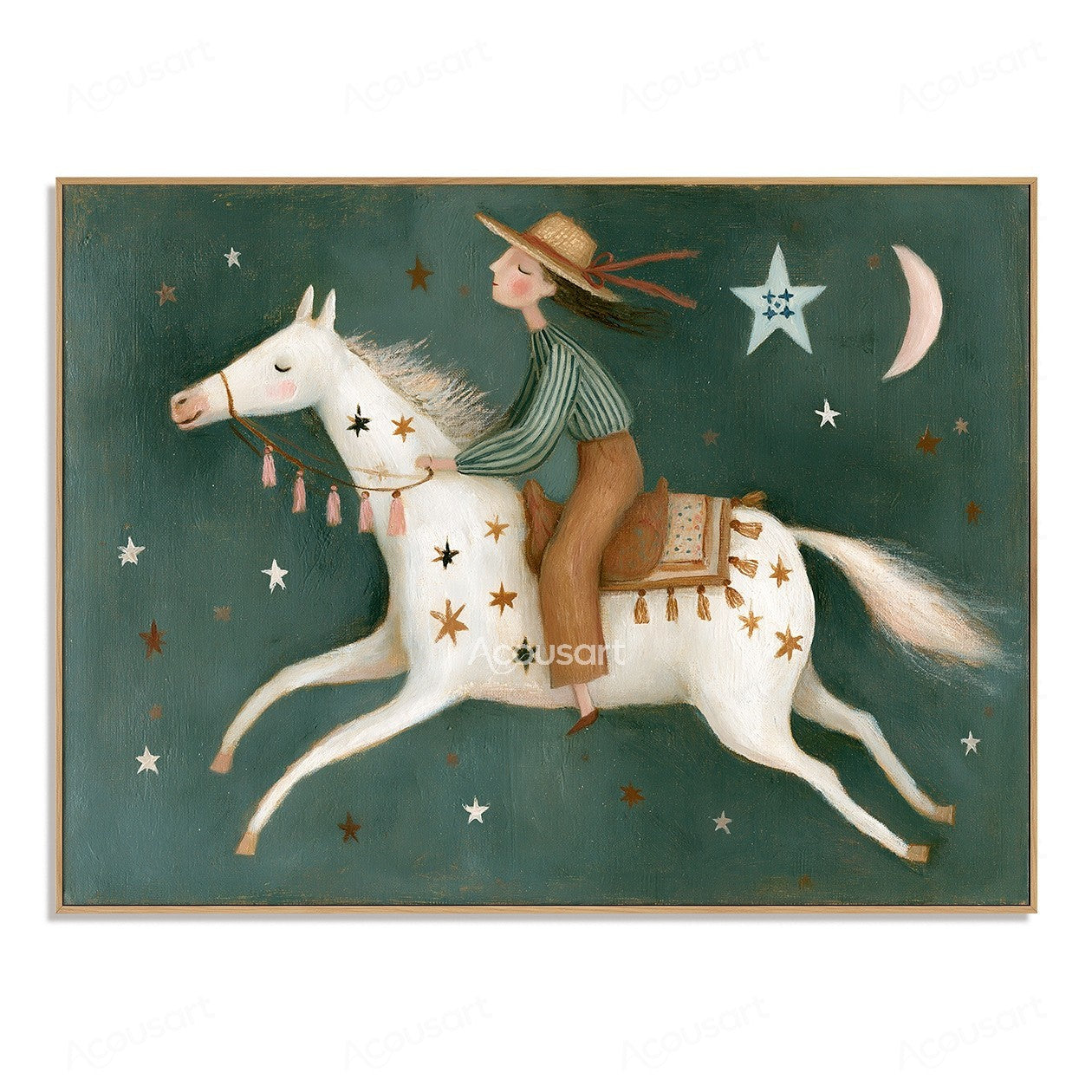 Folk art painting of a girl riding a white horse under stars and crescent moon