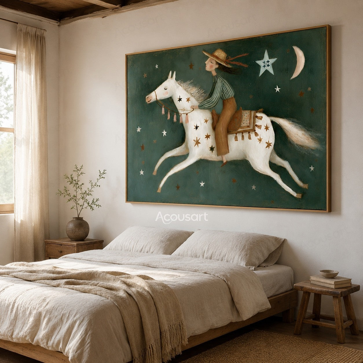 Folk art painting of a girl riding a white horse under stars and crescent moon