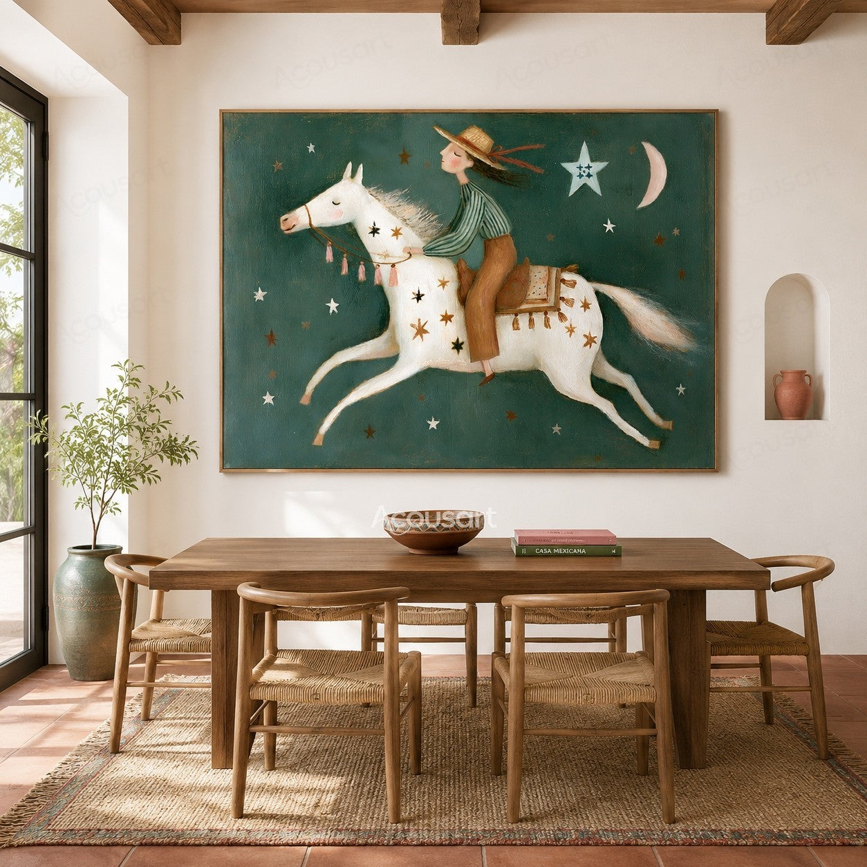 Folk art painting of a girl riding a white horse under stars and crescent moon