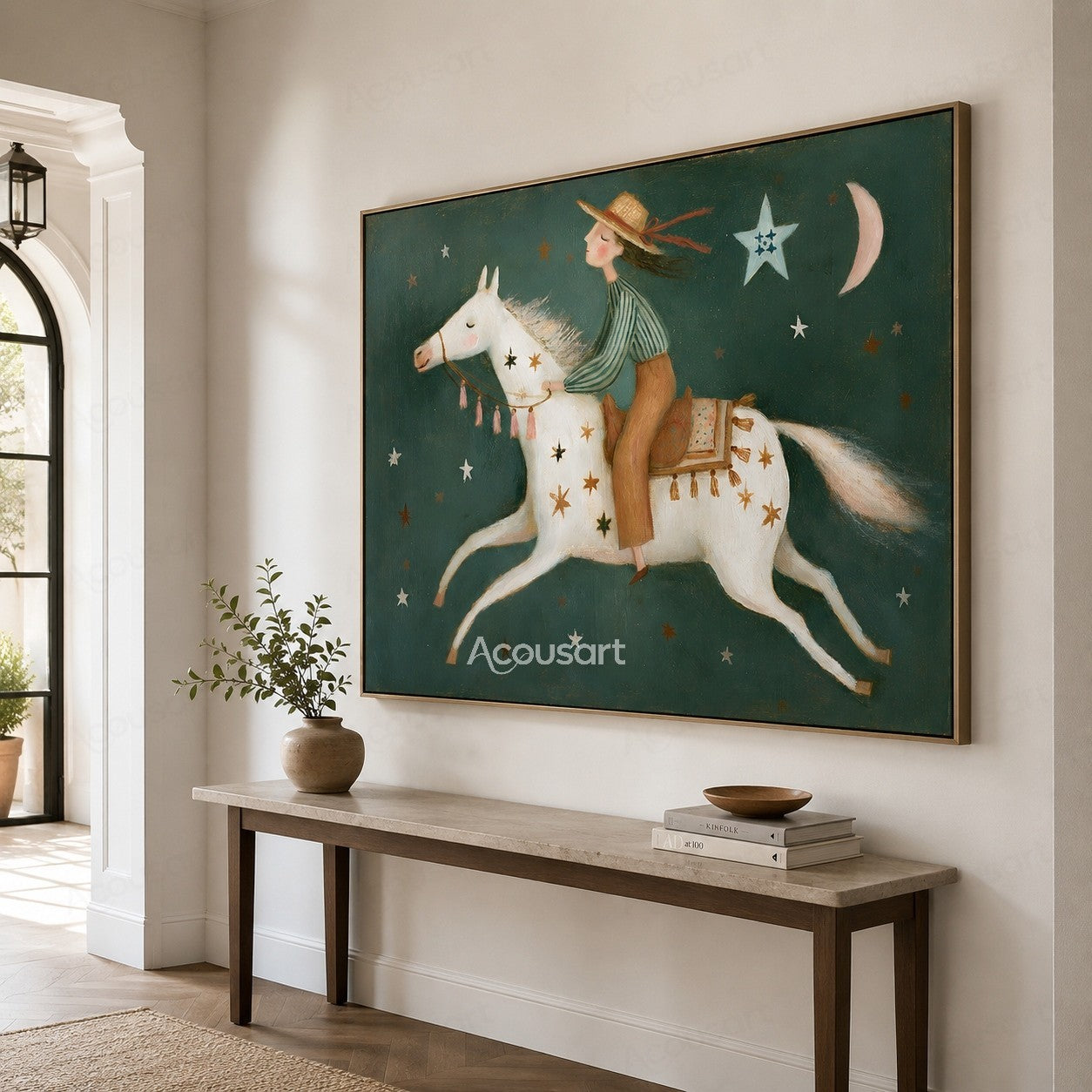 Folk art painting of a girl riding a white horse under stars and crescent moon
