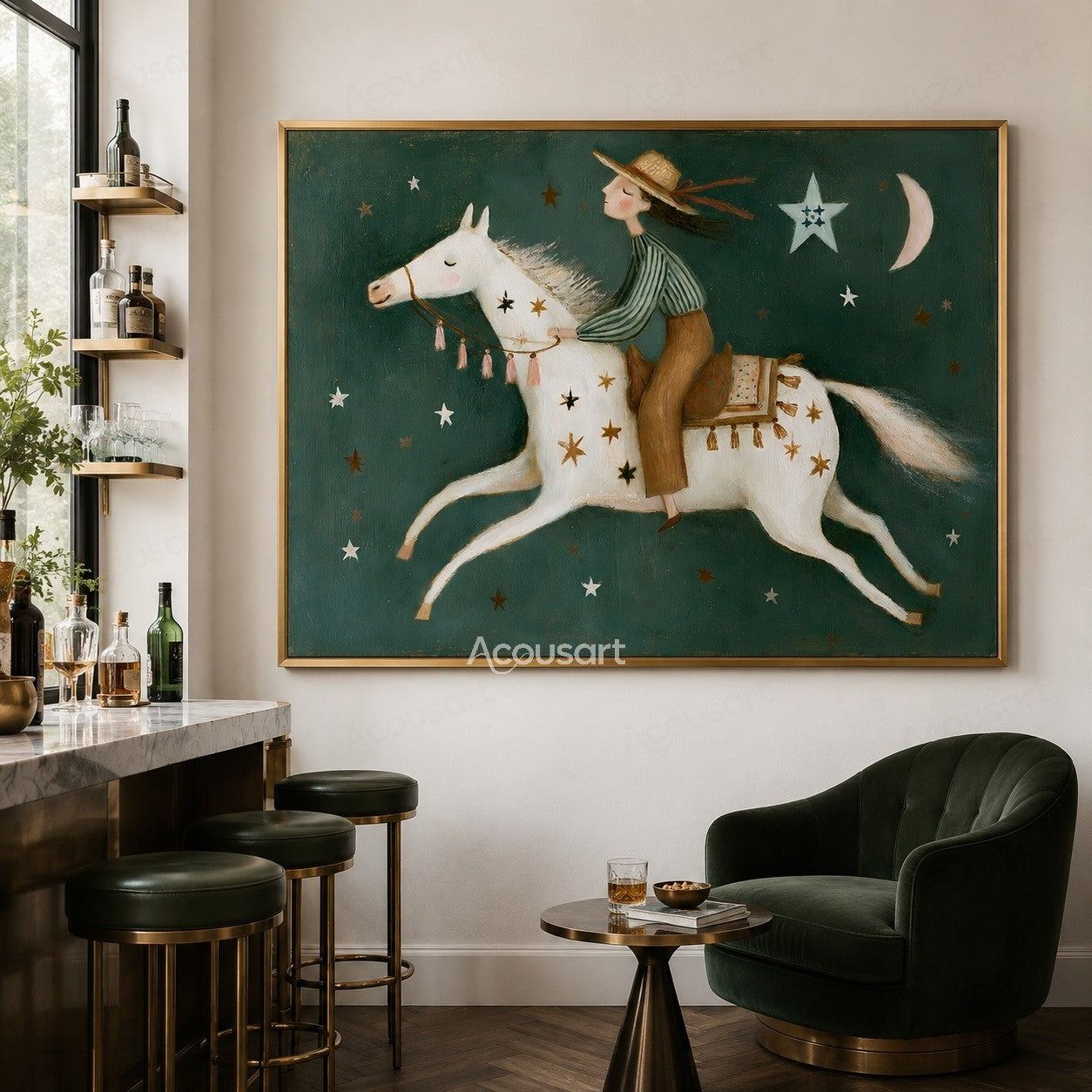 Folk art painting of a girl riding a white horse under stars and crescent moon