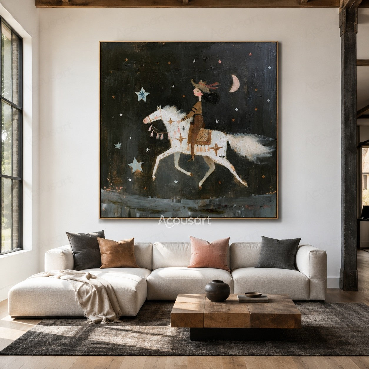 Whimsical painting of a rider on a white horse under stars and crescent moon in a dark night sky