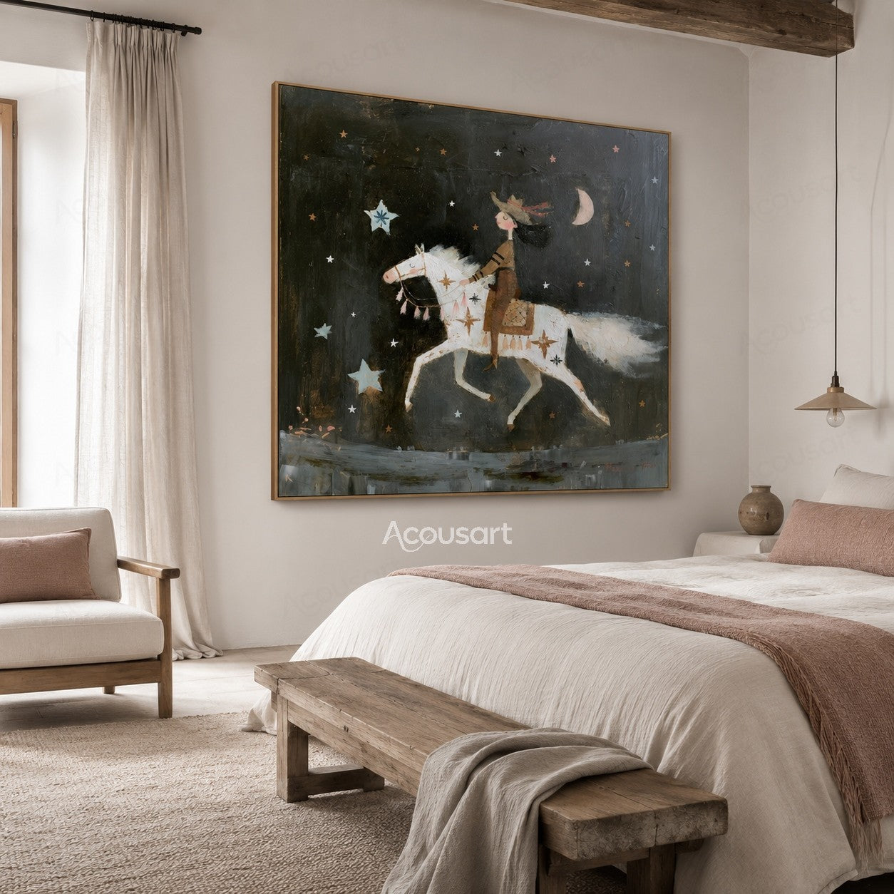 Whimsical painting of a rider on a white horse under stars and crescent moon in a dark night sky