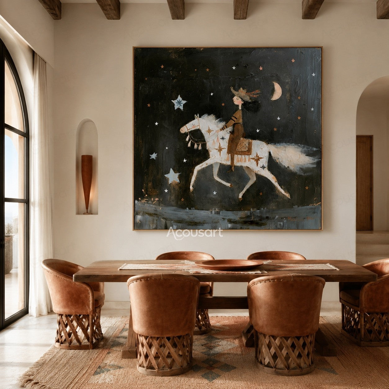 Whimsical painting of a rider on a white horse under stars and crescent moon in a dark night sky