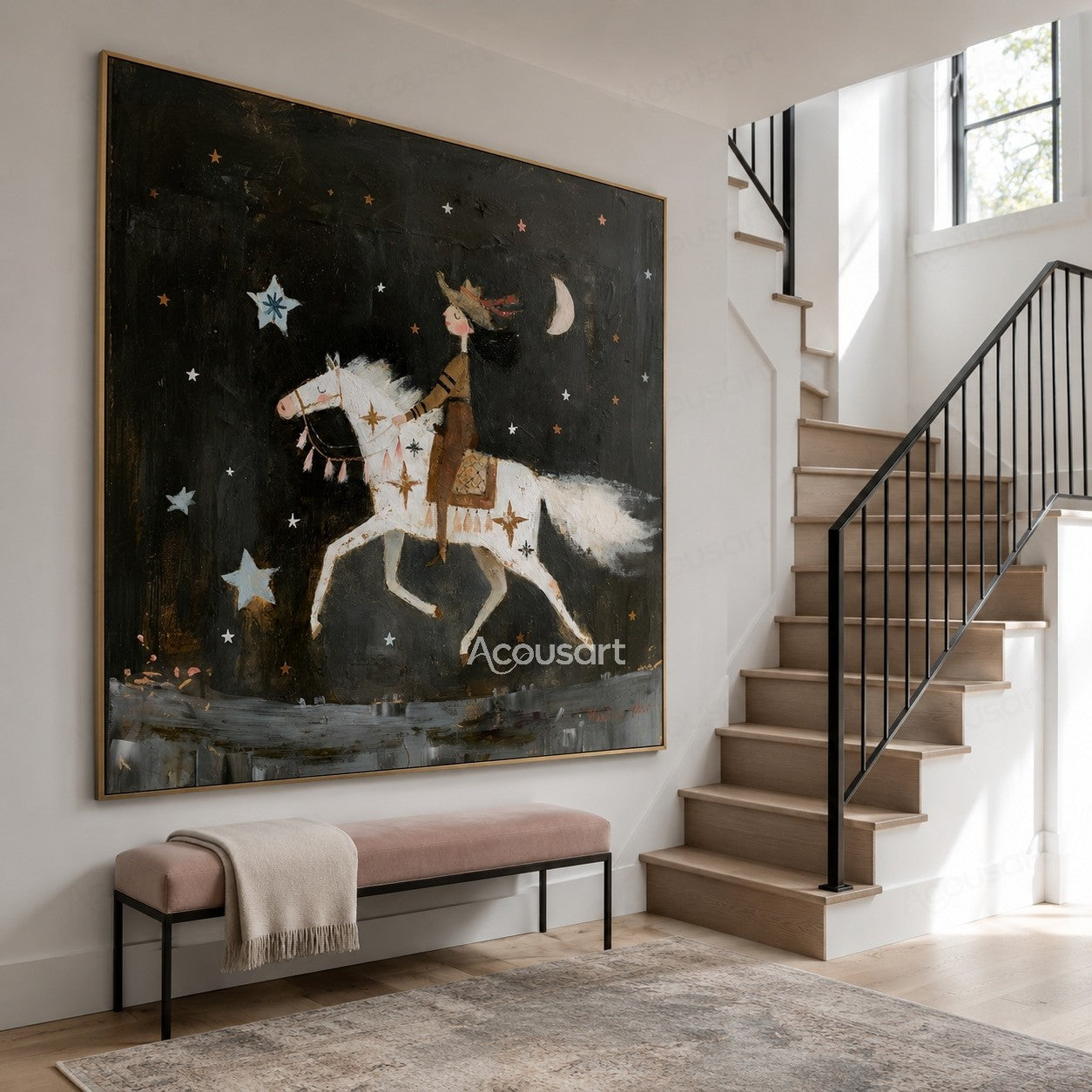 Whimsical painting of a rider on a white horse under stars and crescent moon in a dark night sky