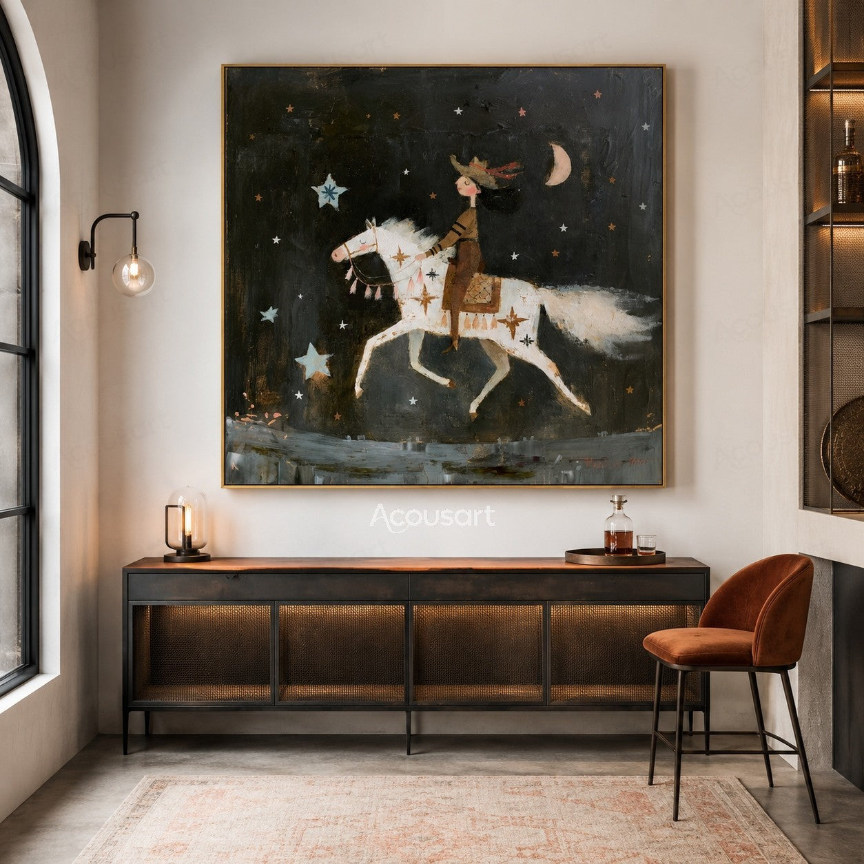 Whimsical painting of a rider on a white horse under stars and crescent moon in a dark night sky