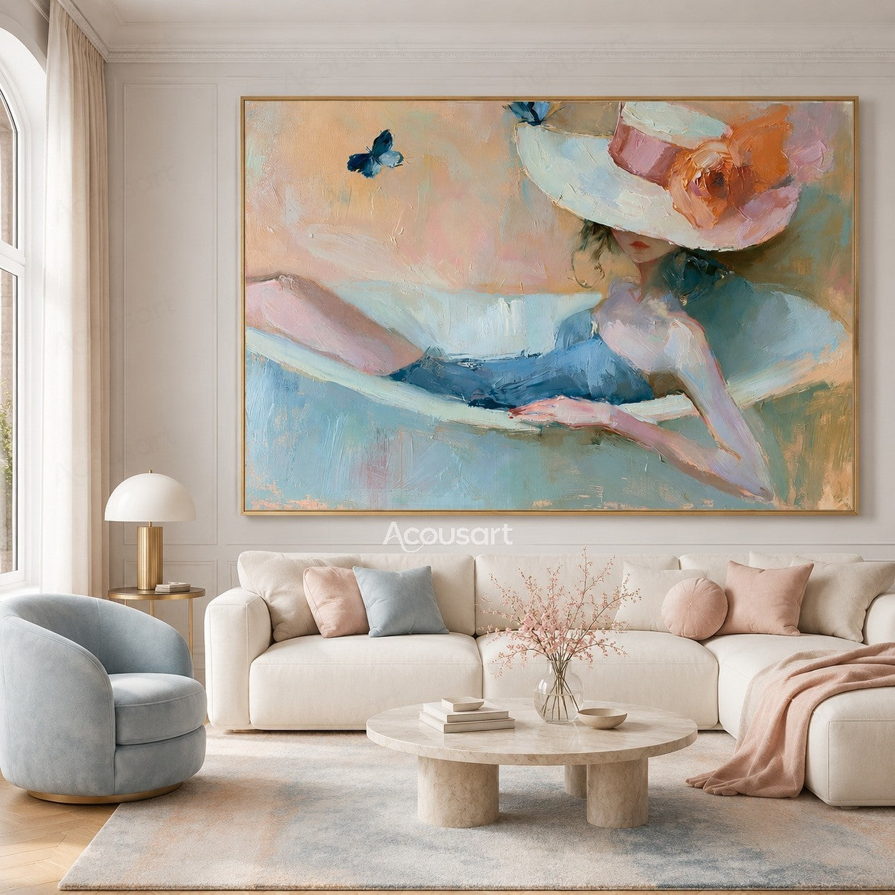 Pastel wall art of a reclining woman wearing a wide hat with a flower and butterfly