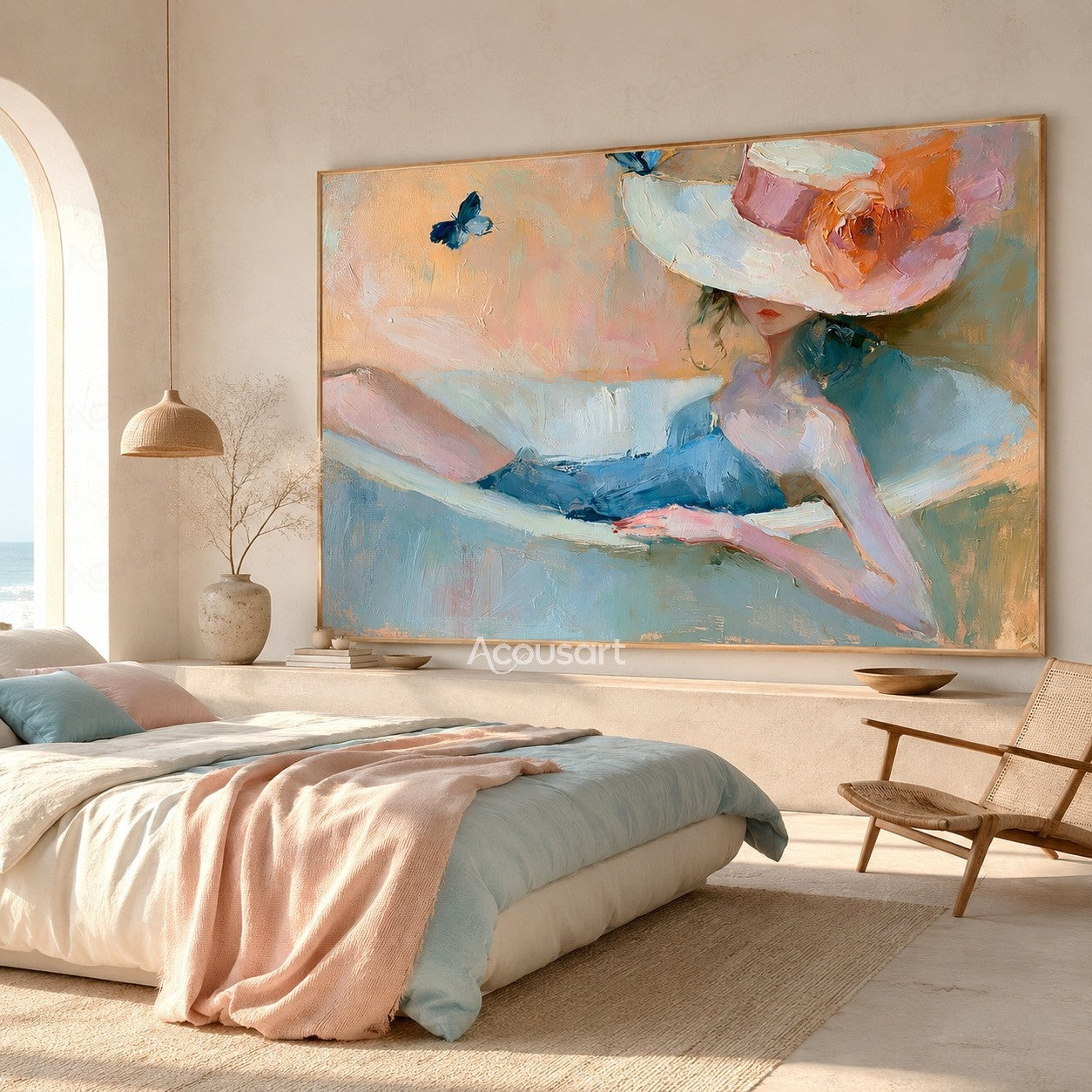 Pastel wall art of a reclining woman wearing a wide hat with a flower and butterfly