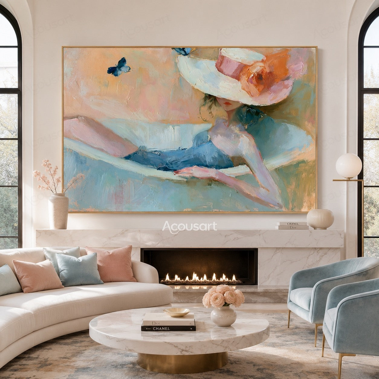 Pastel wall art of a reclining woman wearing a wide hat with a flower and butterfly