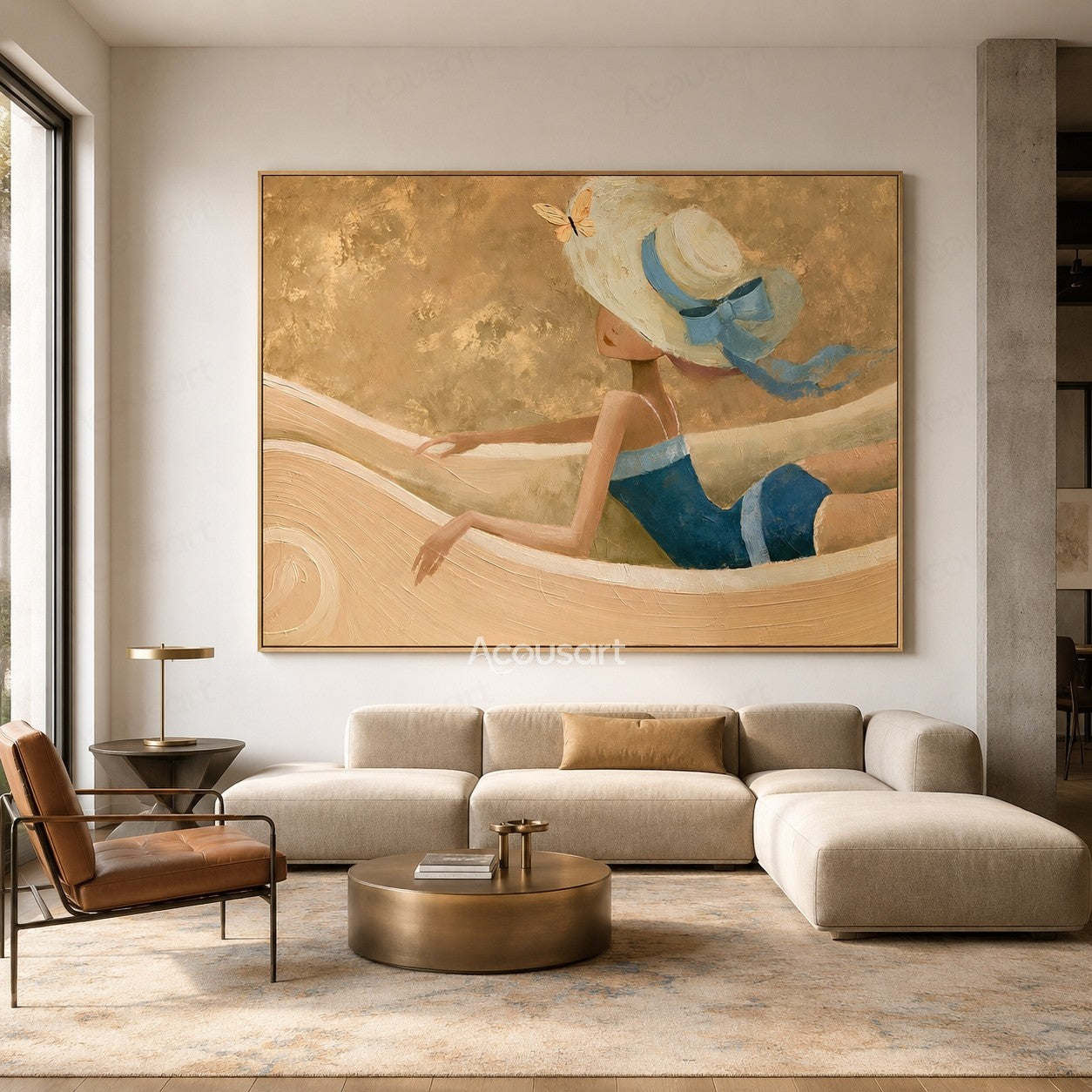 Coastal figurative textured wall art featuring woman in blue outfit and white sun hat by the ocean