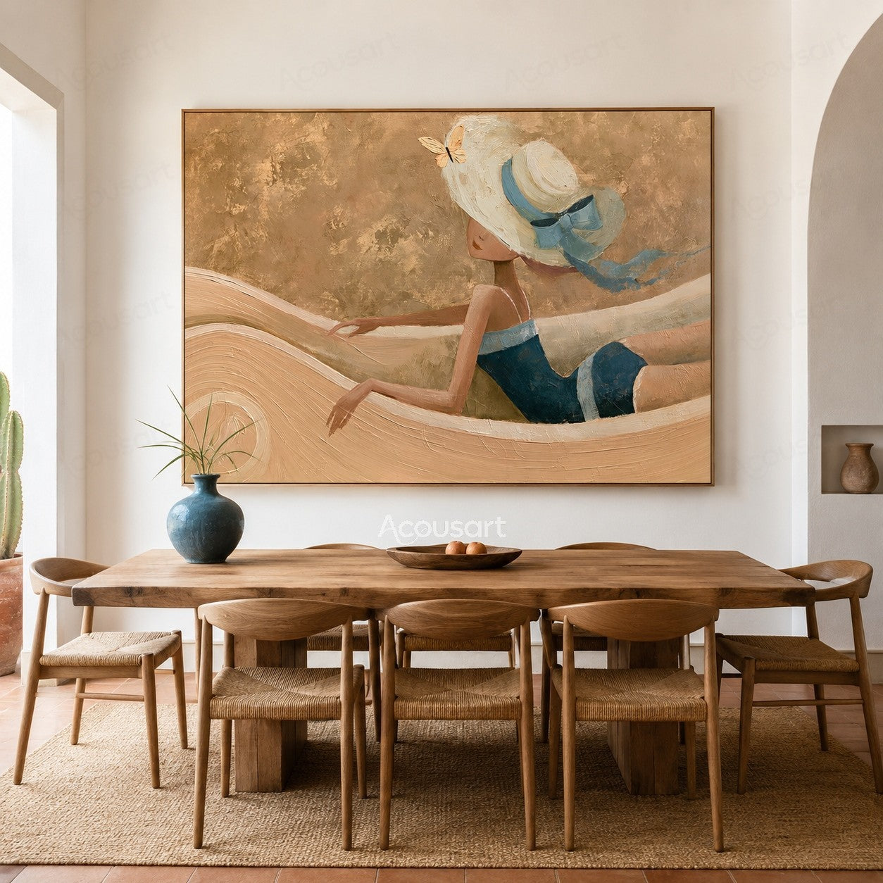 Coastal figurative textured wall art featuring woman in blue outfit and white sun hat by the ocean