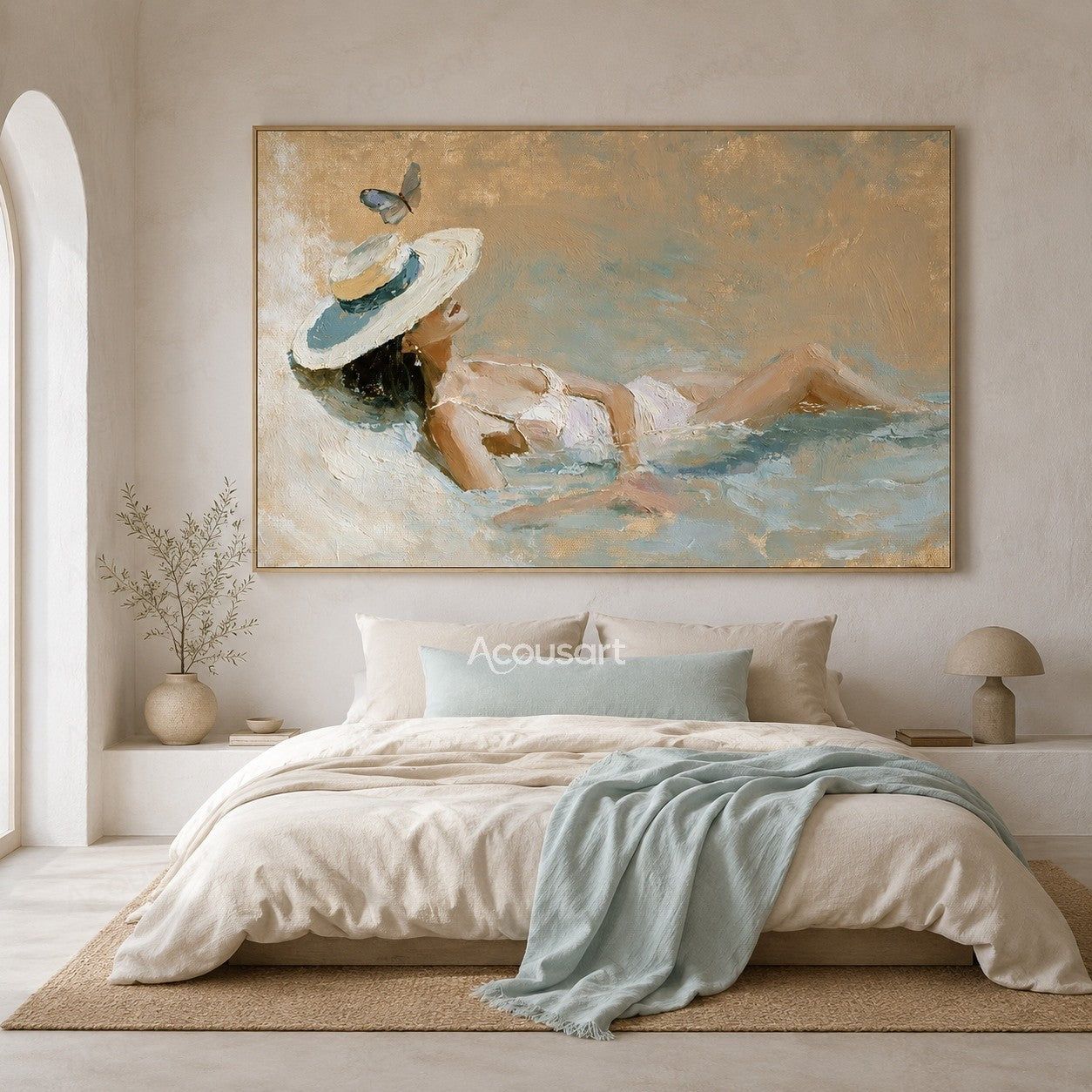 Coastal wall art of woman relaxing in shallow water with white sun hat and butterfly