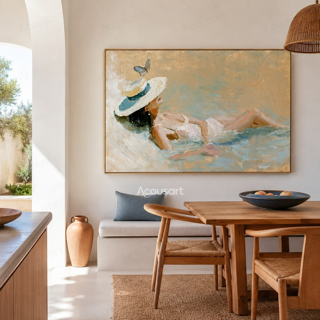 Coastal wall art of woman relaxing in shallow water with white sun hat and butterfly