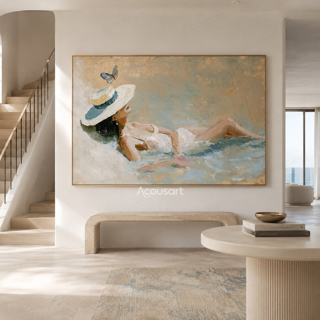Coastal wall art of woman relaxing in shallow water with white sun hat and butterfly