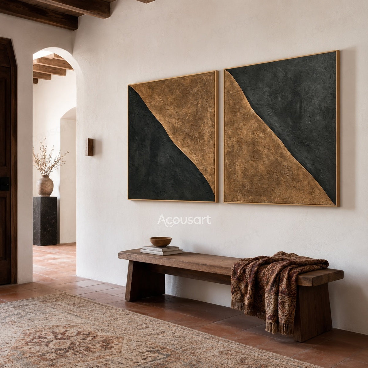 Black and brown abstract diptych wall art with curved geometric shapes and textured minimalist design