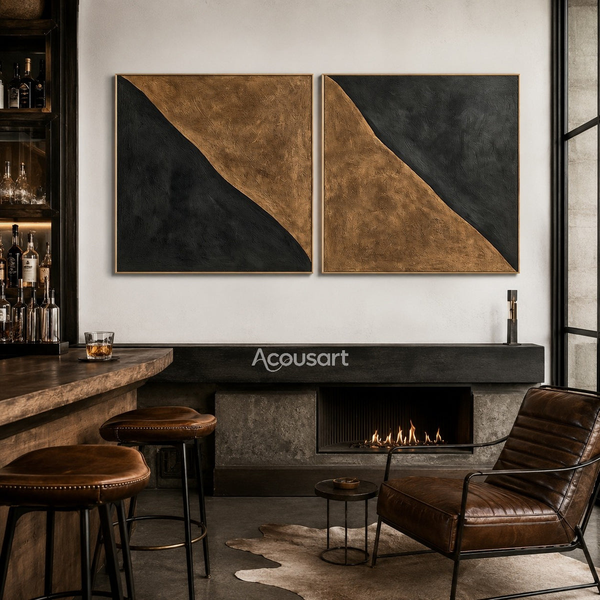 Black and brown abstract diptych wall art with curved geometric shapes and textured minimalist design
