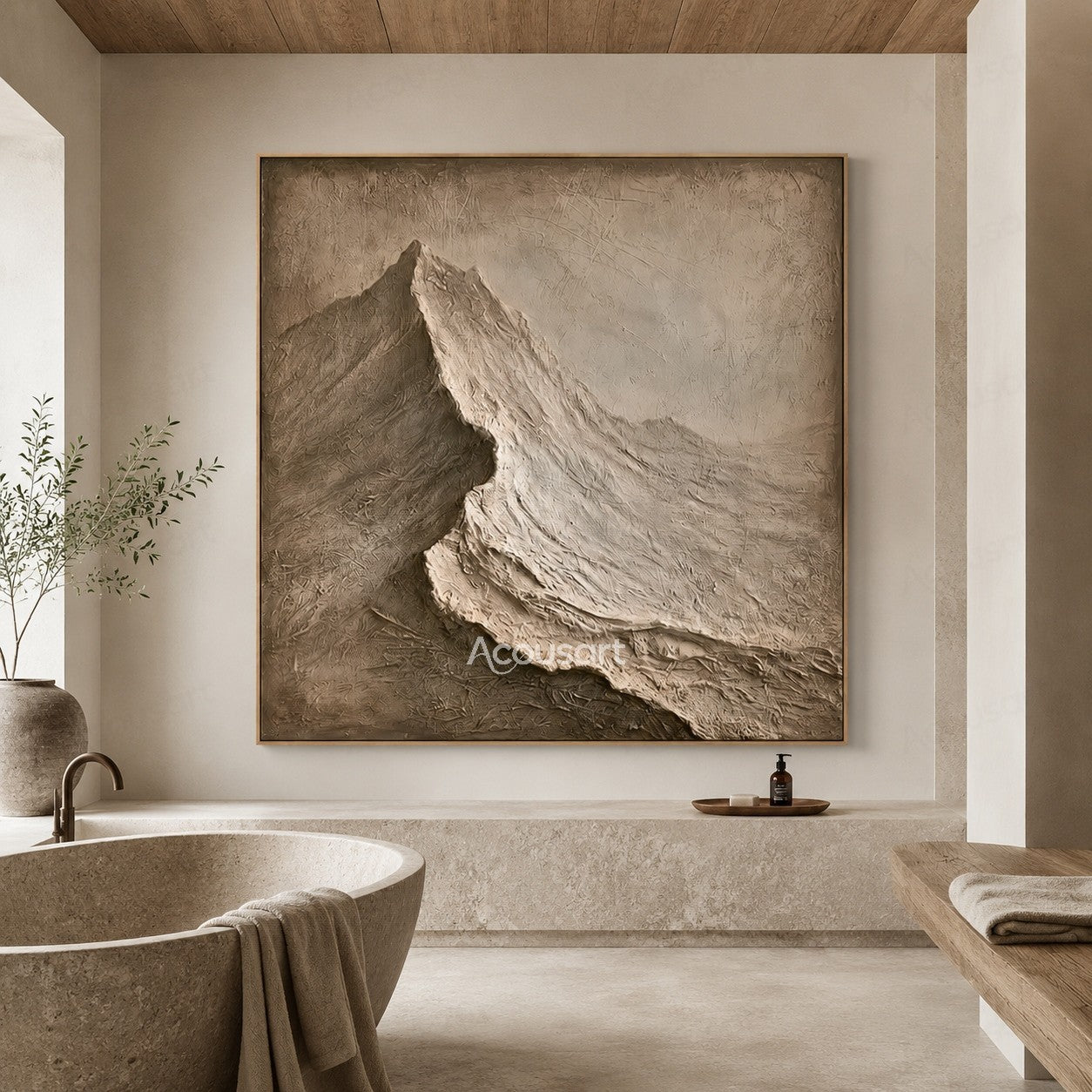 Neutral textured abstract mountain wall art in beige and brown with 3D plaster texture