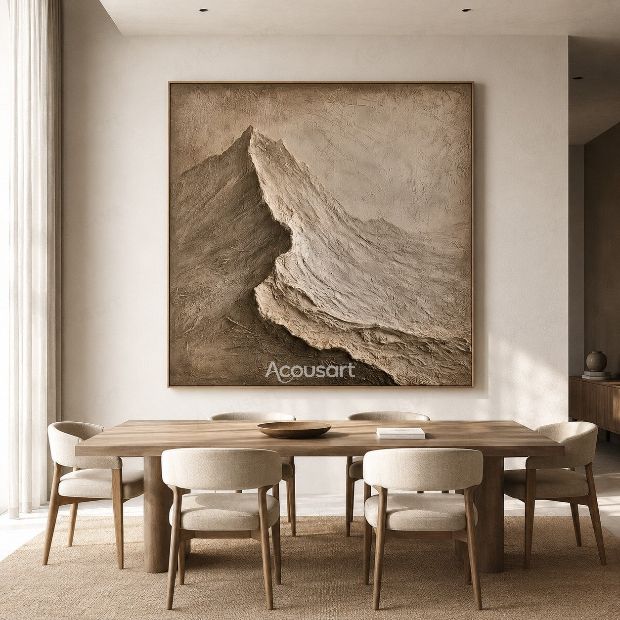 Neutral textured abstract mountain wall art in beige and brown with 3D plaster texture