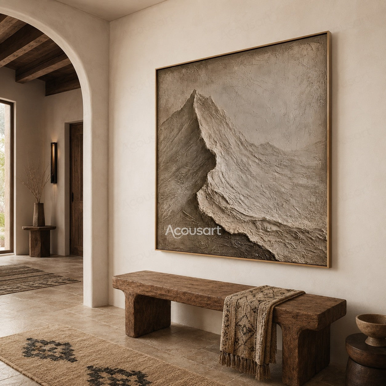Neutral textured abstract mountain wall art in beige and brown with 3D plaster texture