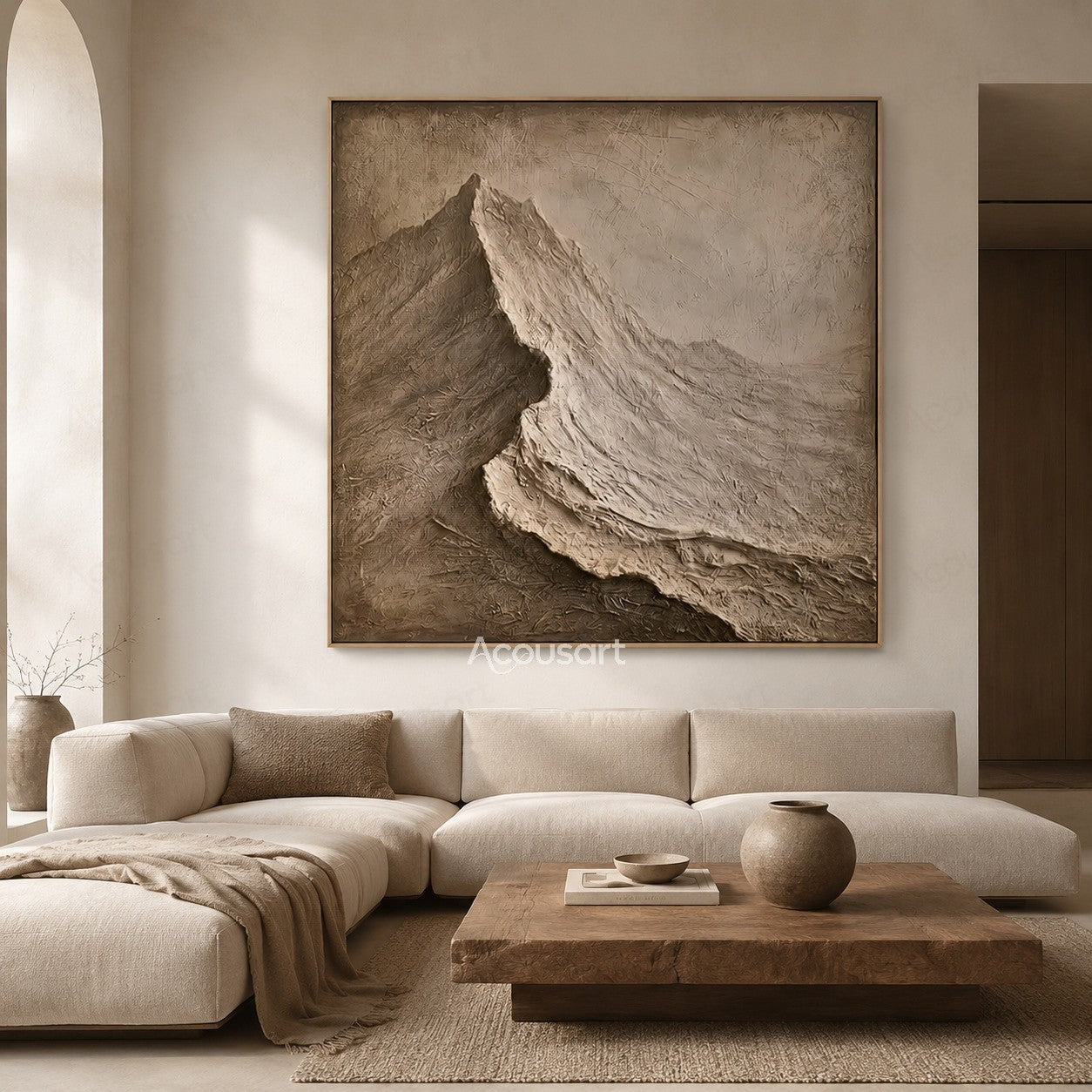 Neutral textured abstract mountain wall art in beige and brown with 3D plaster texture