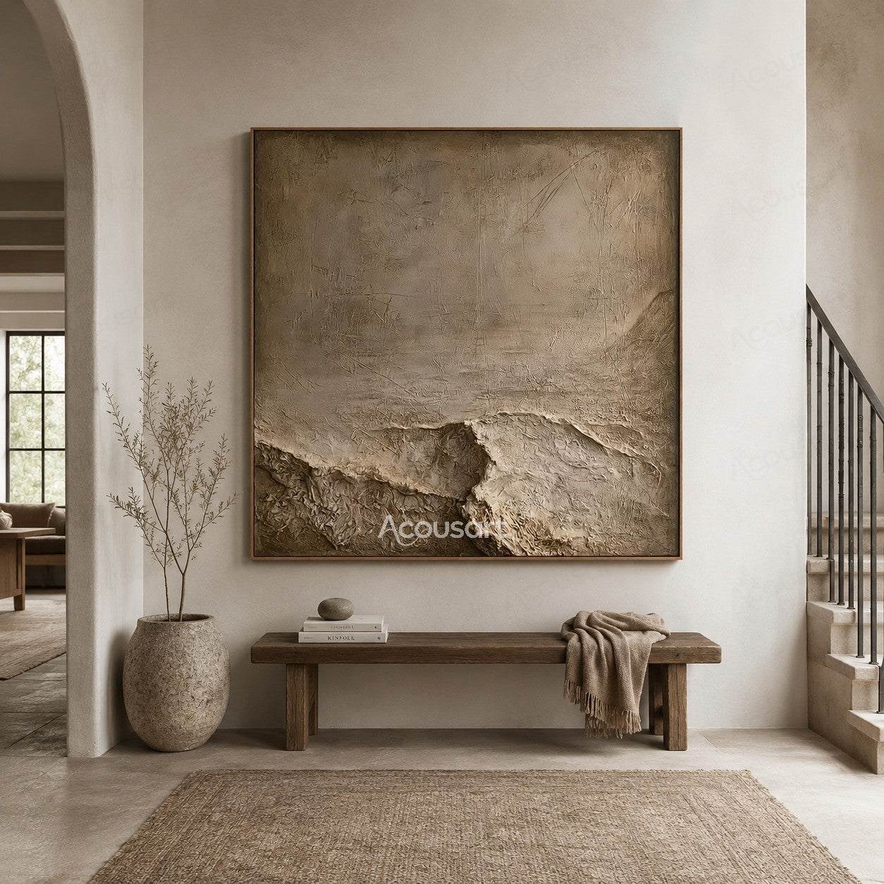 Neutral textured abstract stone wall art with layered beige rock texture and natural landscape design