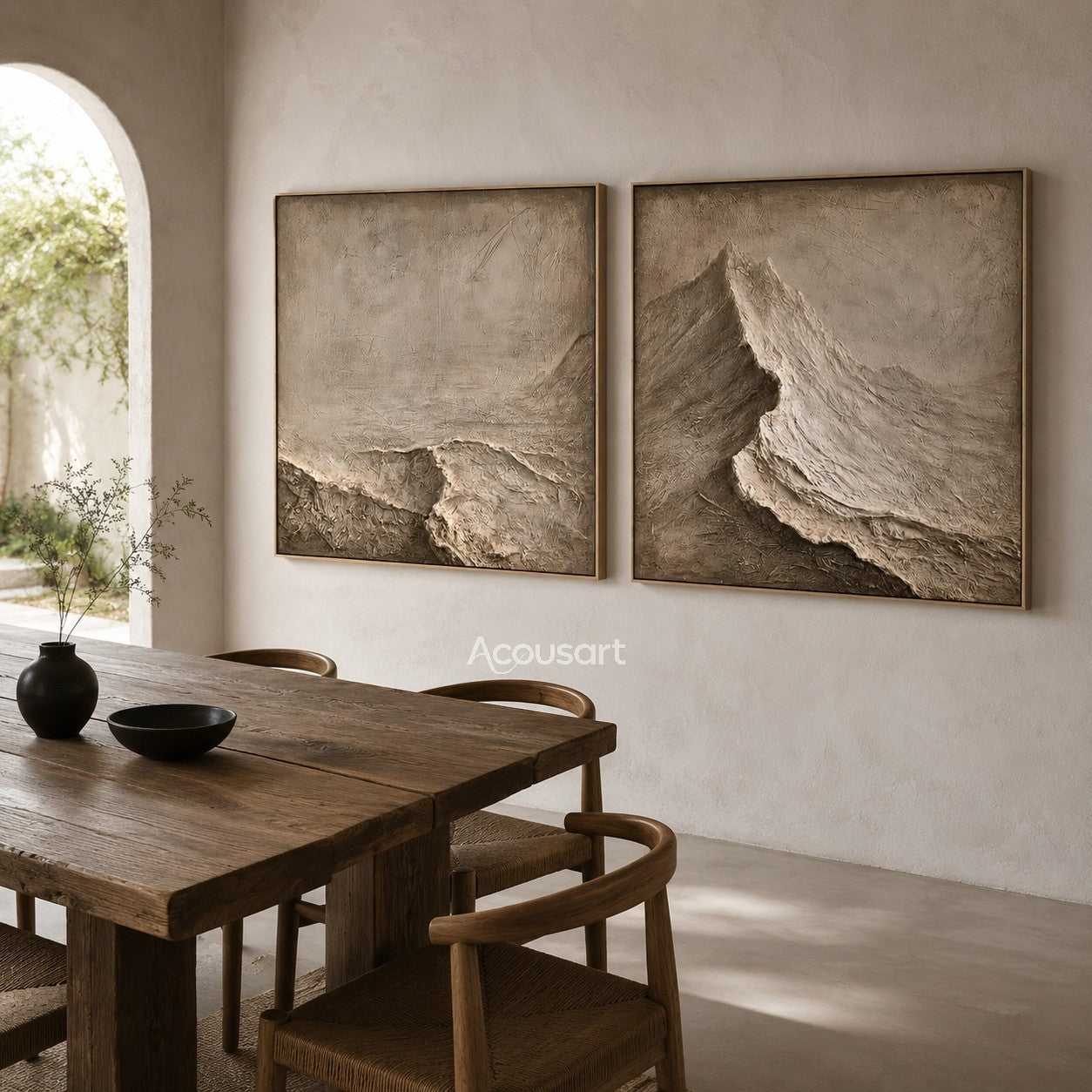Neutral textured mountain diptych wall art with beige stone layers and 3D abstract landscape design