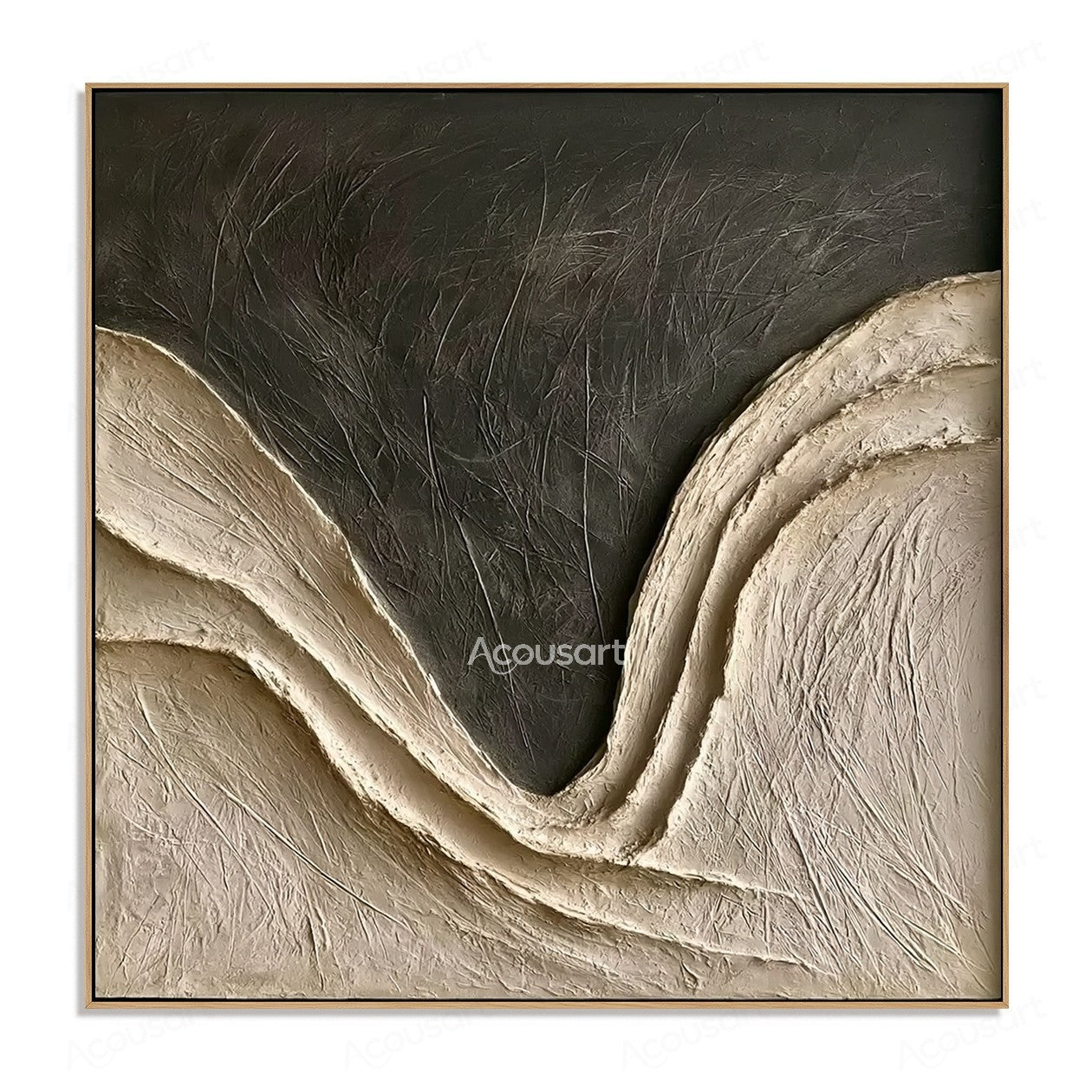 Neutral textured abstract wave wall art with beige layers and dark charcoal background