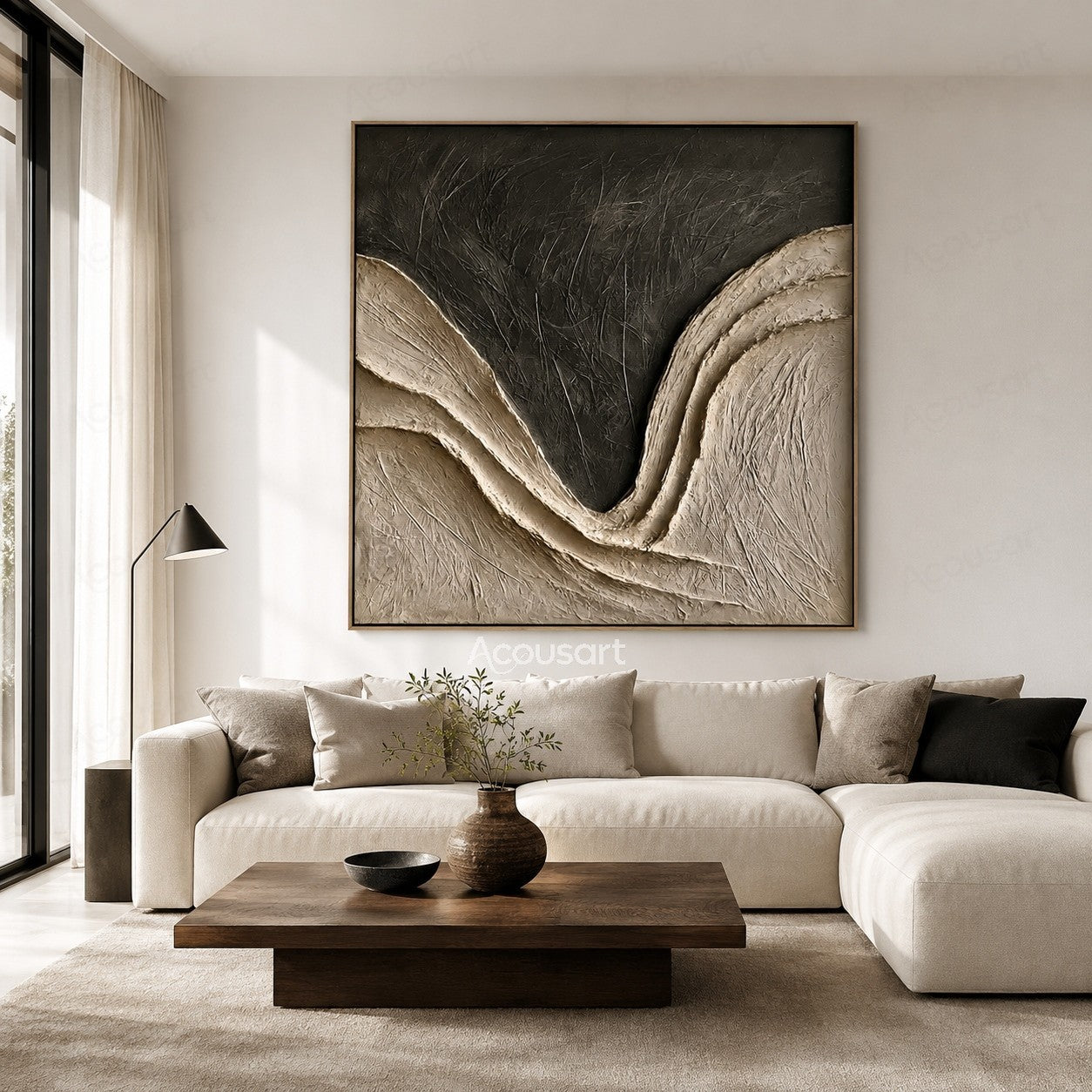 Neutral textured abstract wave wall art with beige layers and dark charcoal background