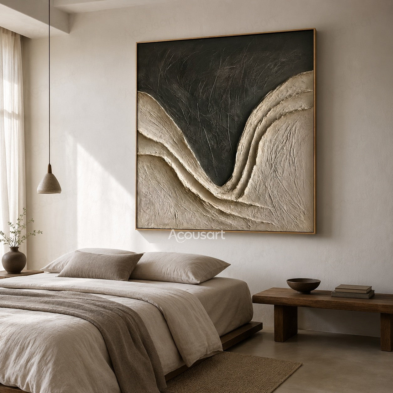Neutral textured abstract wave wall art with beige layers and dark charcoal background
