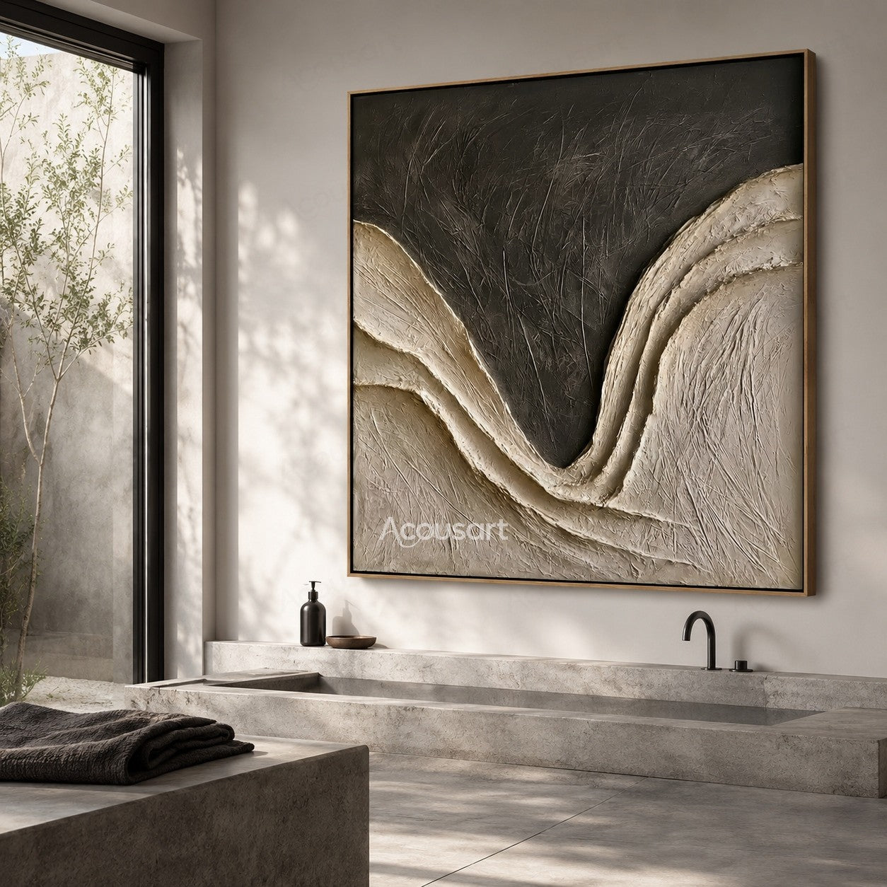 Neutral textured abstract wave wall art with beige layers and dark charcoal background