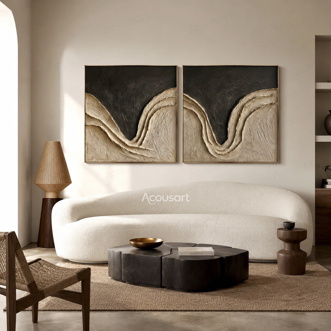 Black and beige textured diptych wall art with flowing curved lines and 3D abstract texture