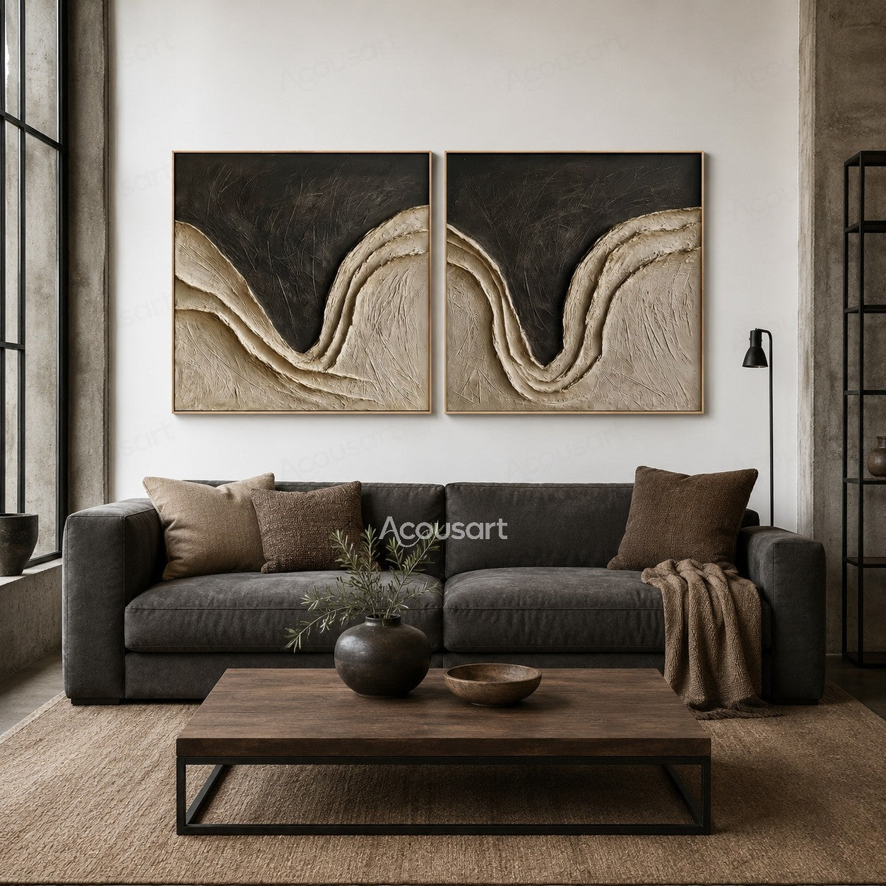 Black and beige textured diptych wall art with flowing curved lines and 3D abstract texture