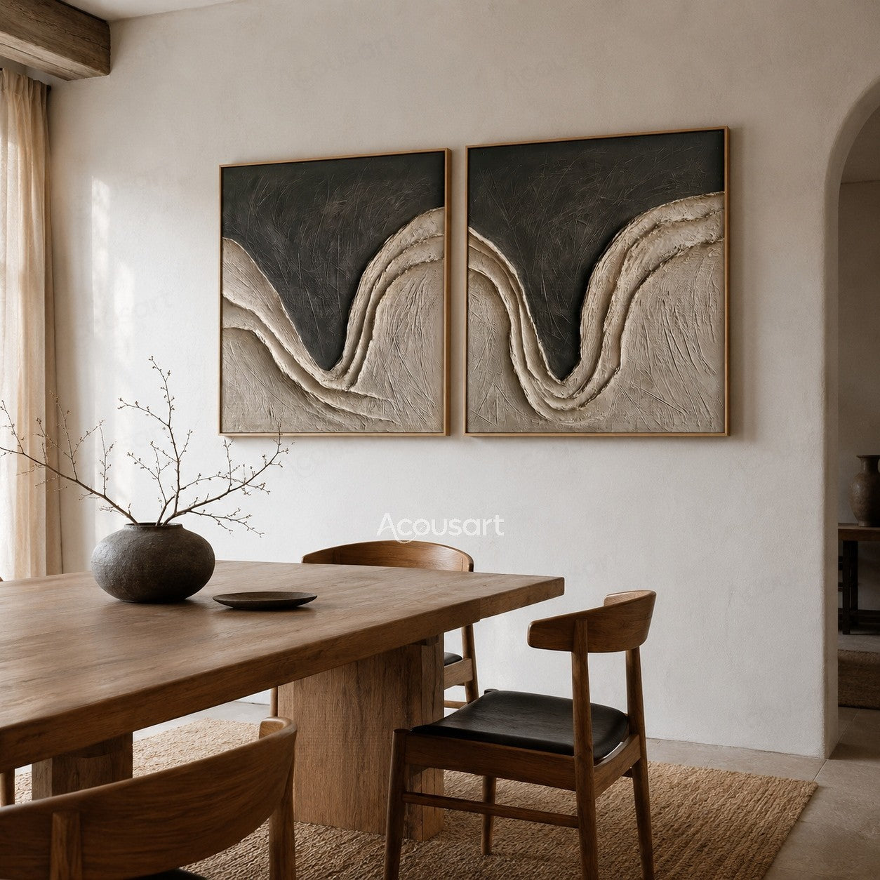 Black and beige textured diptych wall art with flowing curved lines and 3D abstract texture