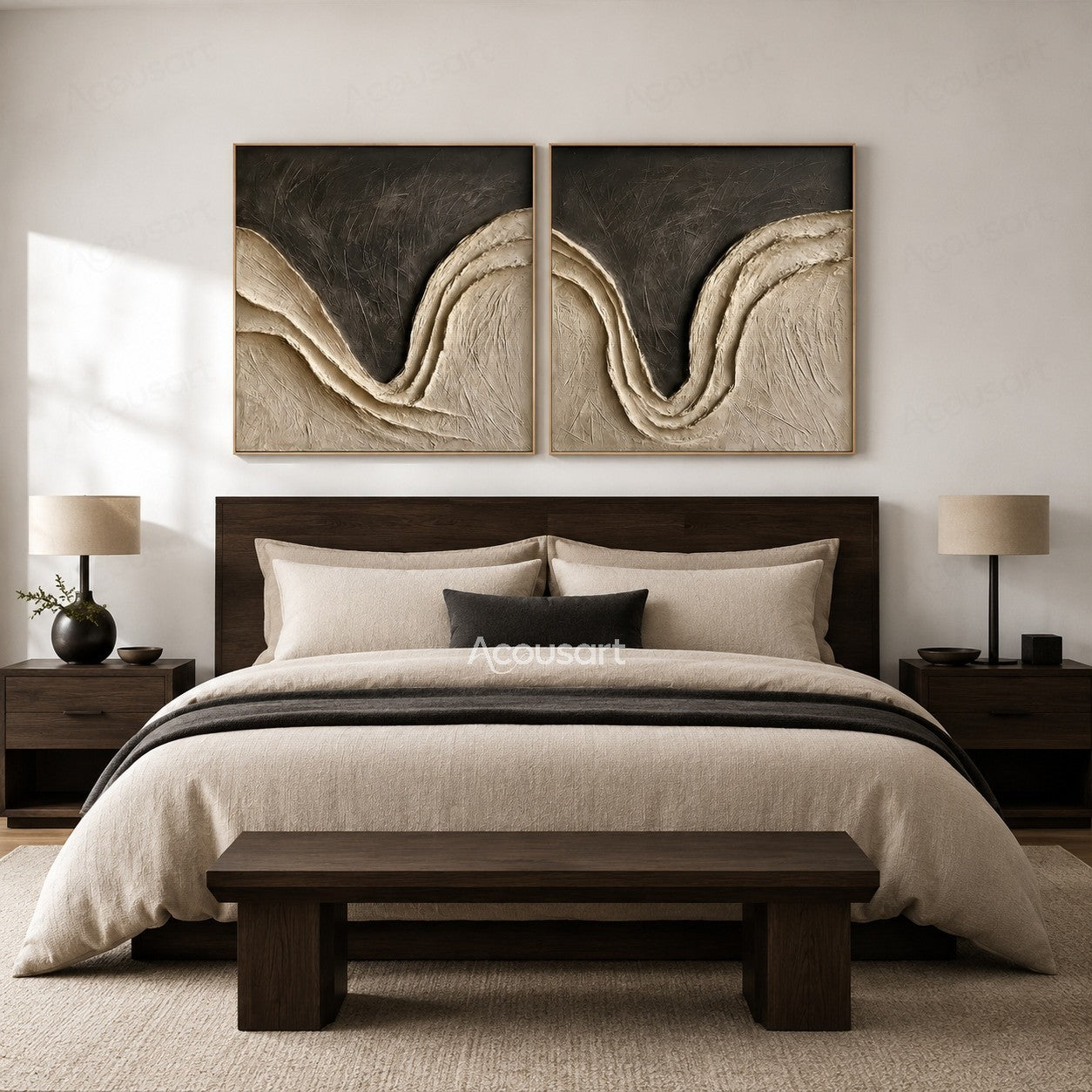 Flowing Contrast – Black and Beige Textured Diptych Wall Art