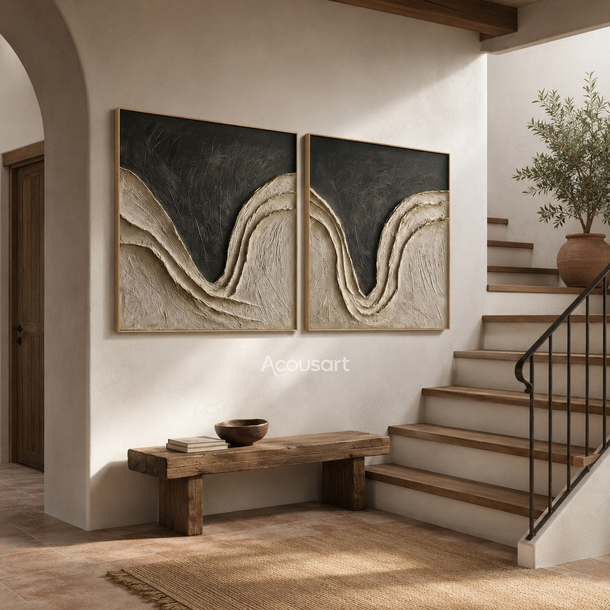 Black and beige textured diptych wall art with flowing curved lines and 3D abstract texture