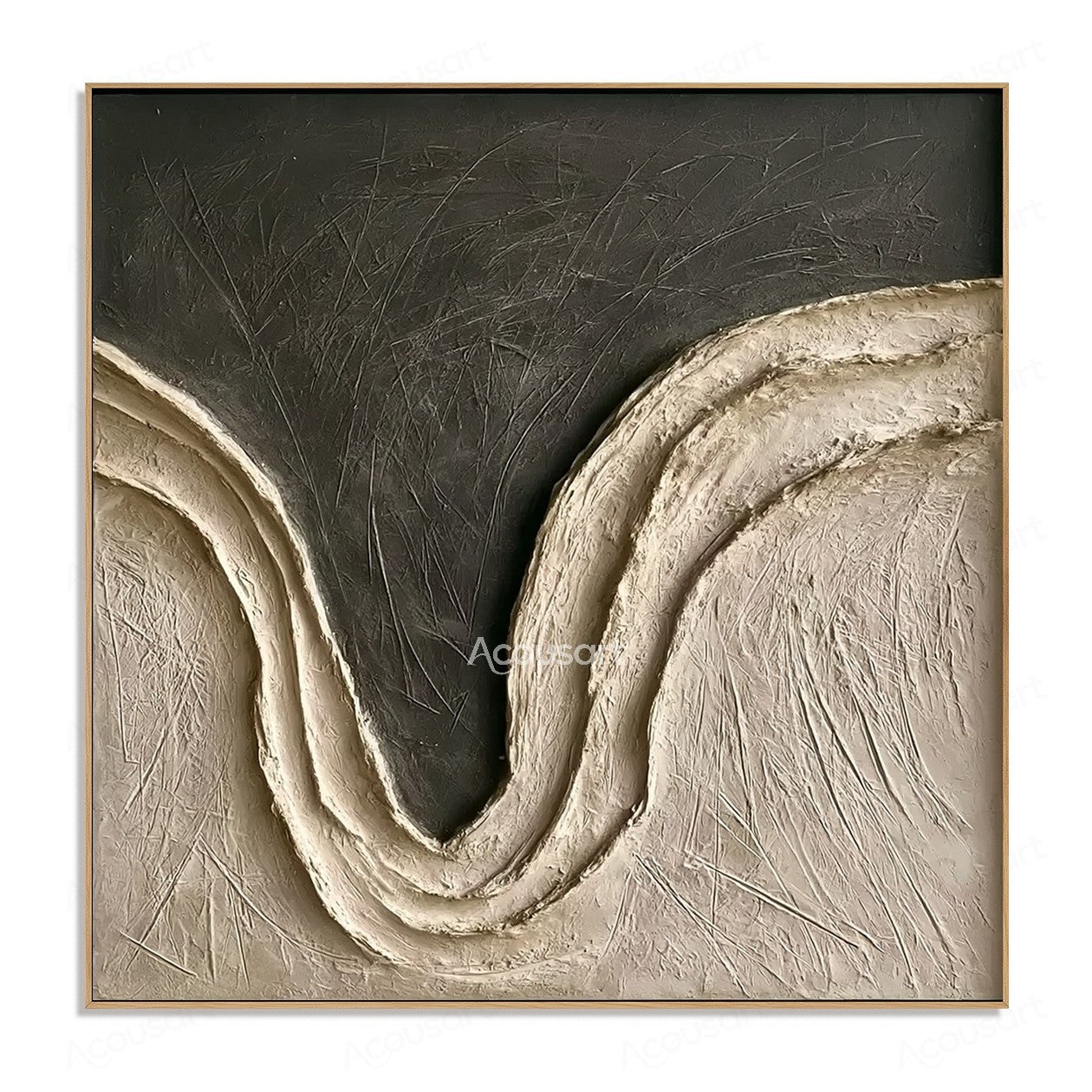 Black and beige textured abstract wall art with curved wave design