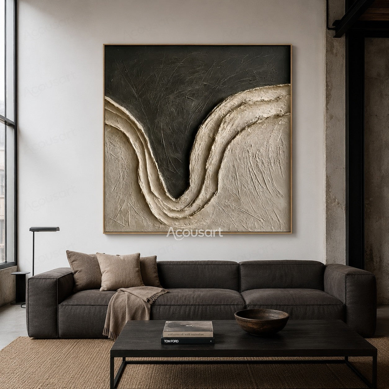 Black and beige textured abstract wall art with curved wave design