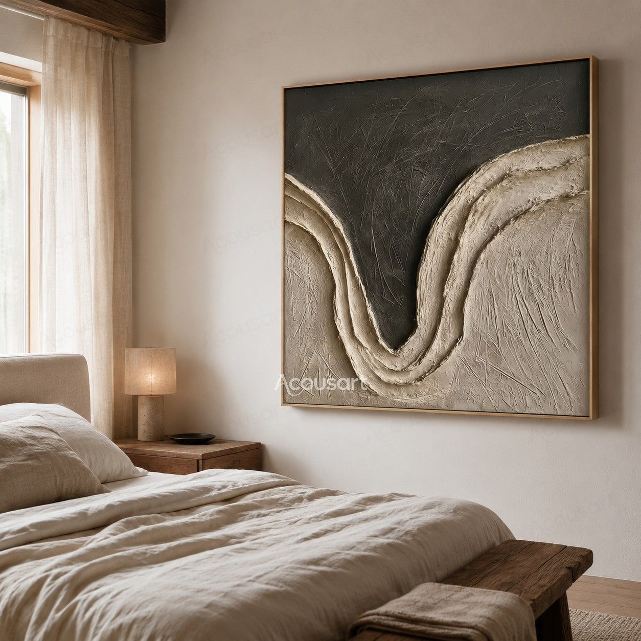 Black and beige textured abstract wall art with curved wave design
