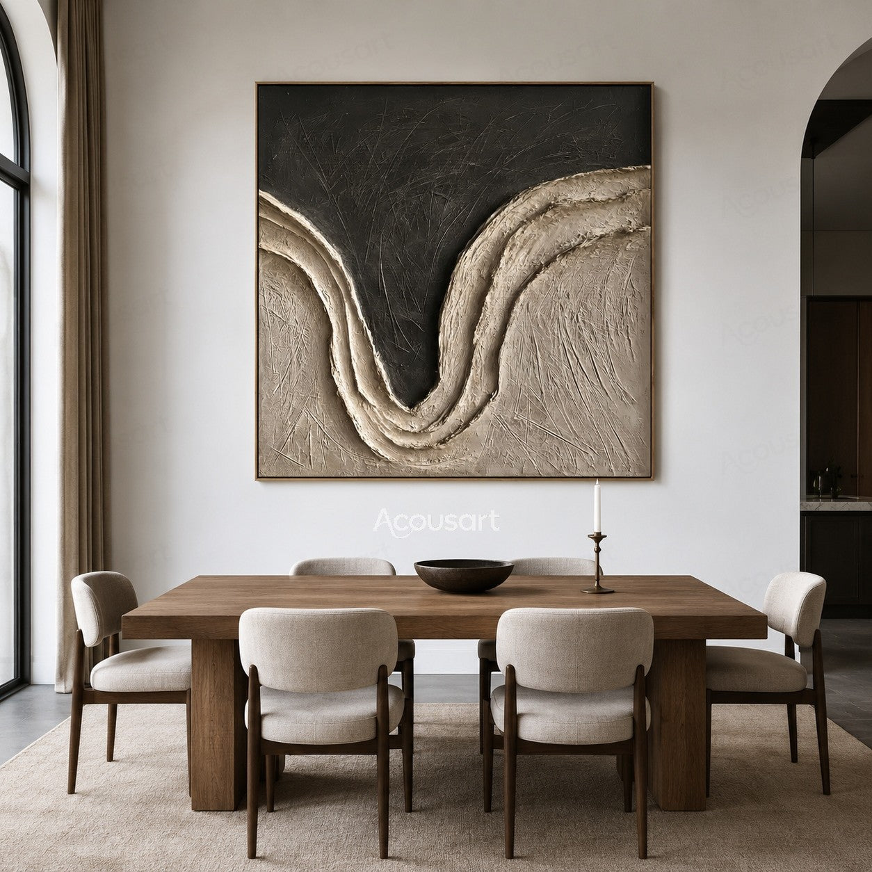 Black and beige textured abstract wall art with curved wave design