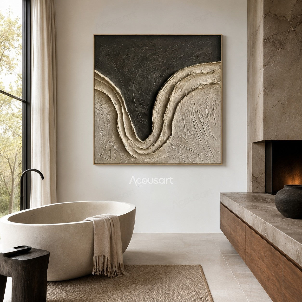 Black and beige textured abstract wall art with curved wave design