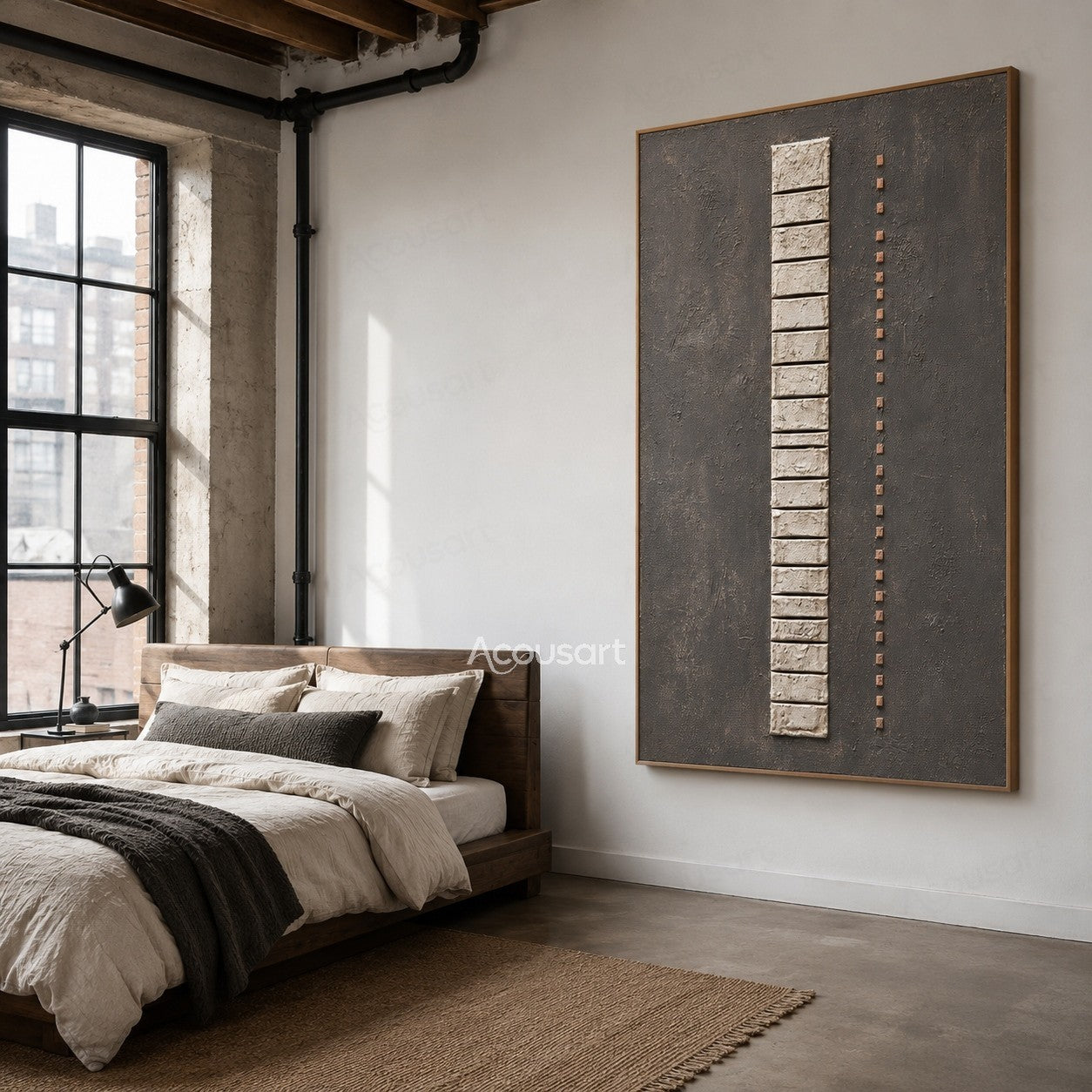 Neutral textured geometric abstract wall art with raised cream blocks on a gray background