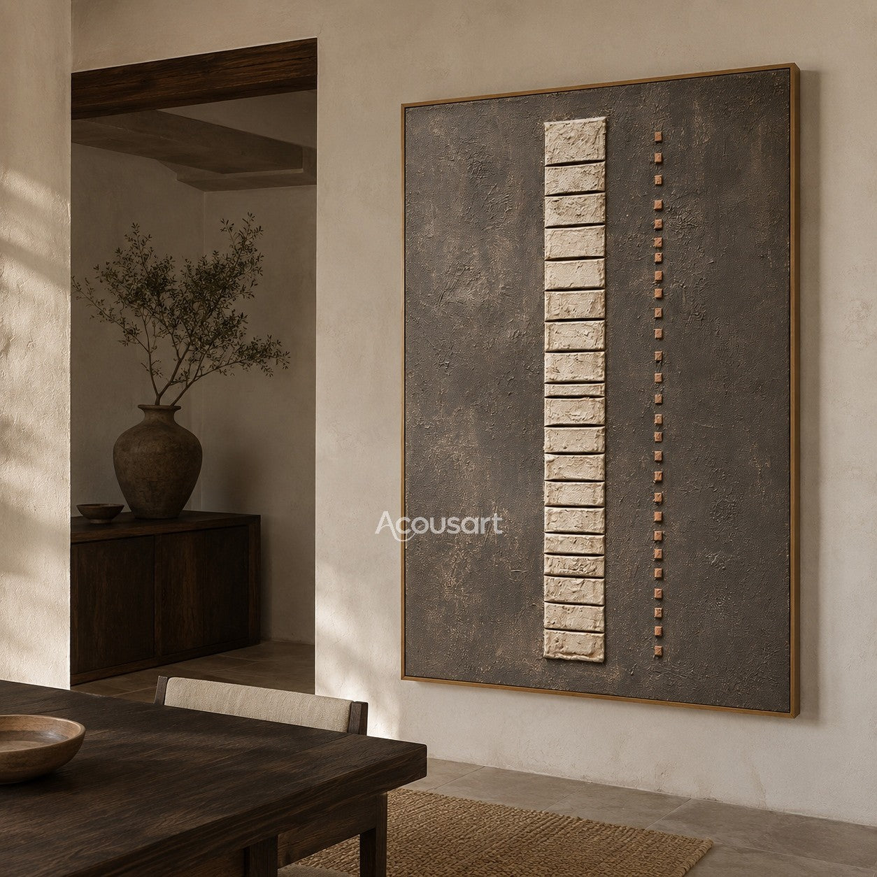 Neutral textured geometric abstract wall art with raised cream blocks on a gray background