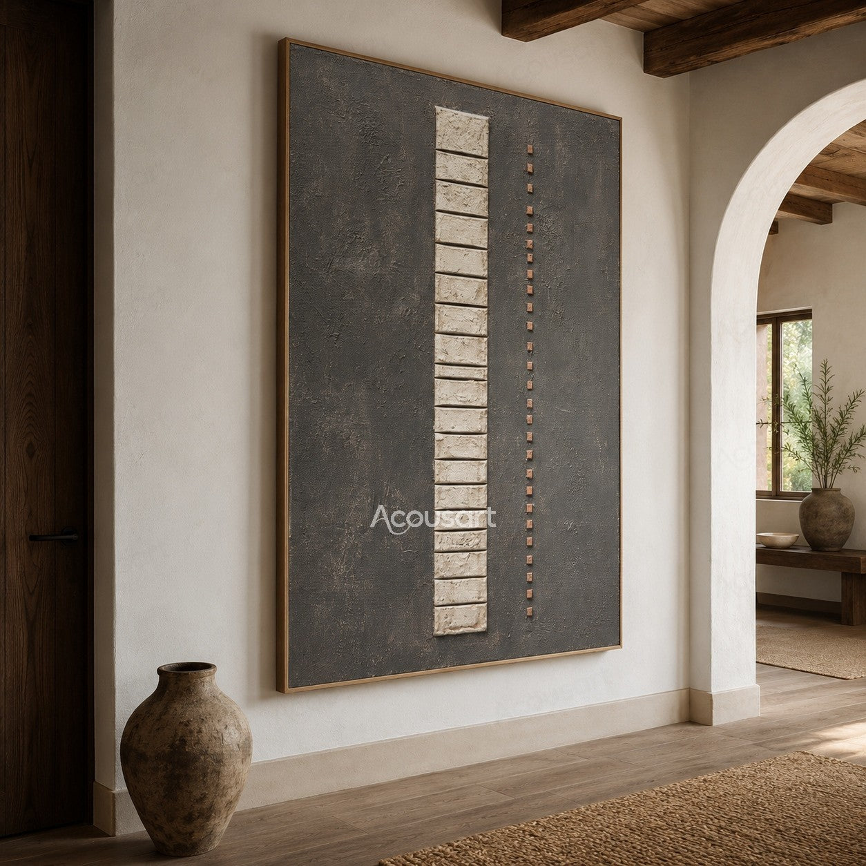 Neutral textured geometric abstract wall art with raised cream blocks on a gray background