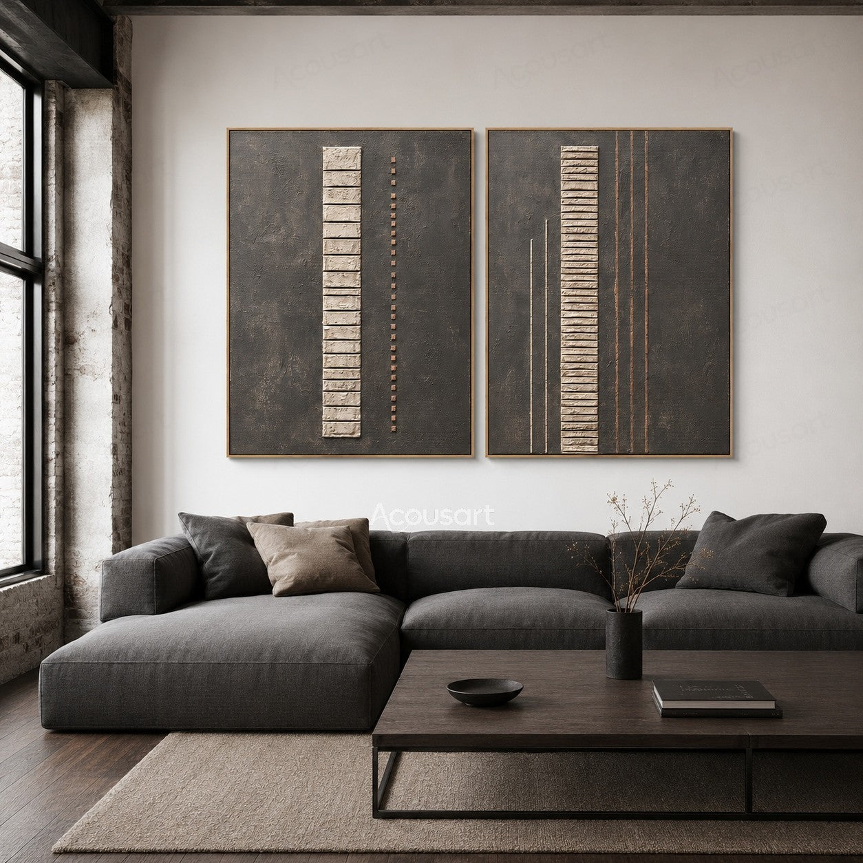 Minimalist textured diptych wall art with gray background, cream vertical blocks, and copper line details