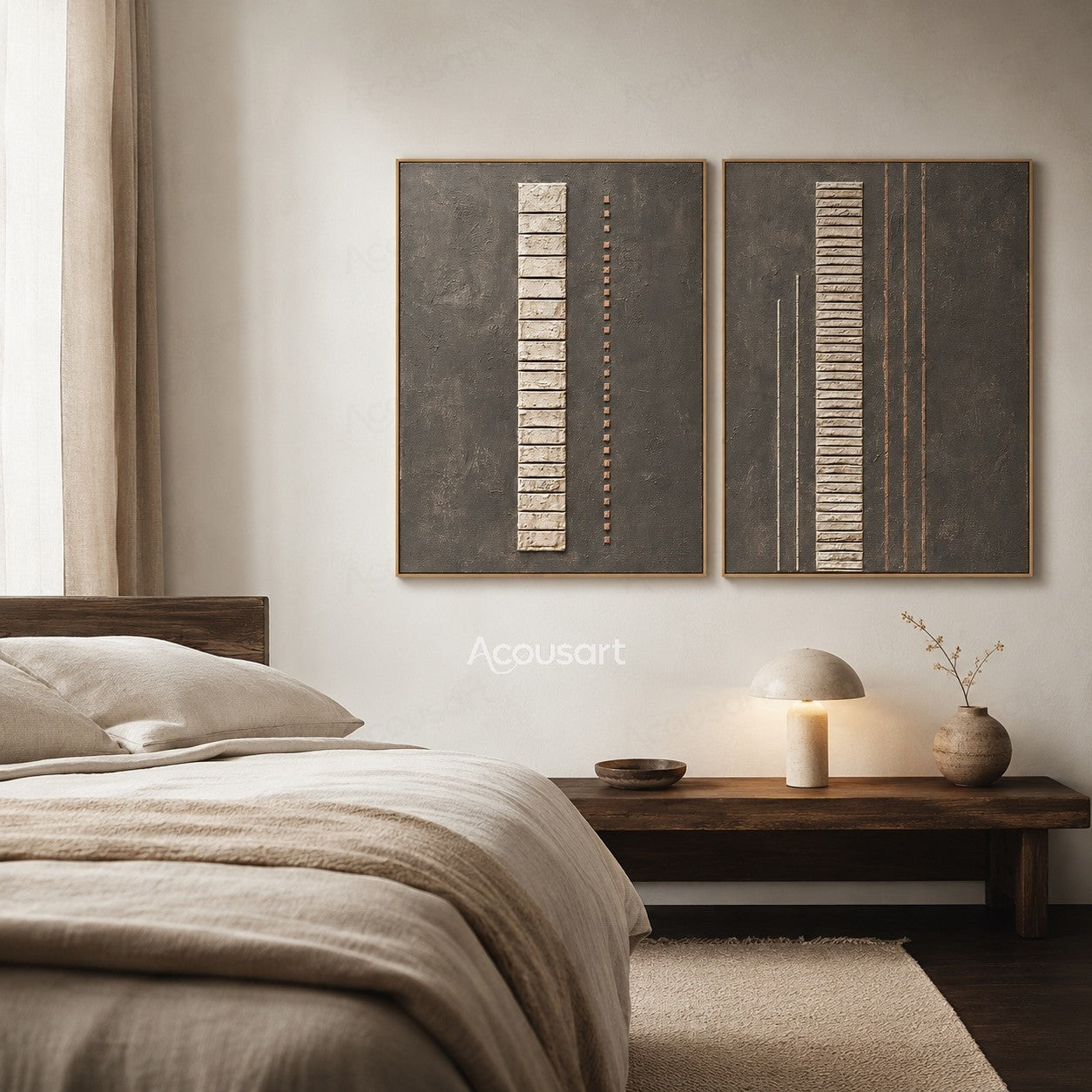 Minimalist textured diptych wall art with gray background, cream vertical blocks, and copper line details