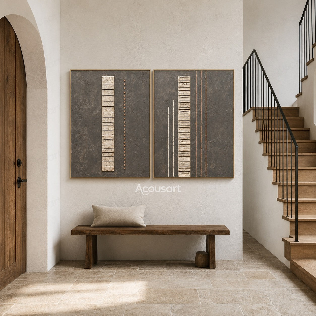 Minimalist textured diptych wall art with gray background, cream vertical blocks, and copper line details
