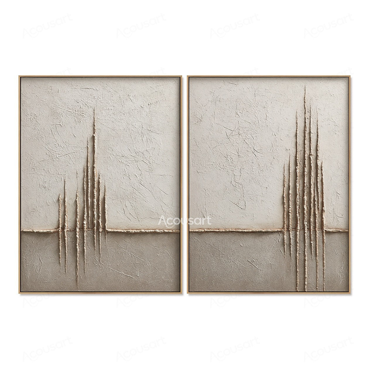 Minimalist textured diptych wall art with beige background and raised vertical line details
