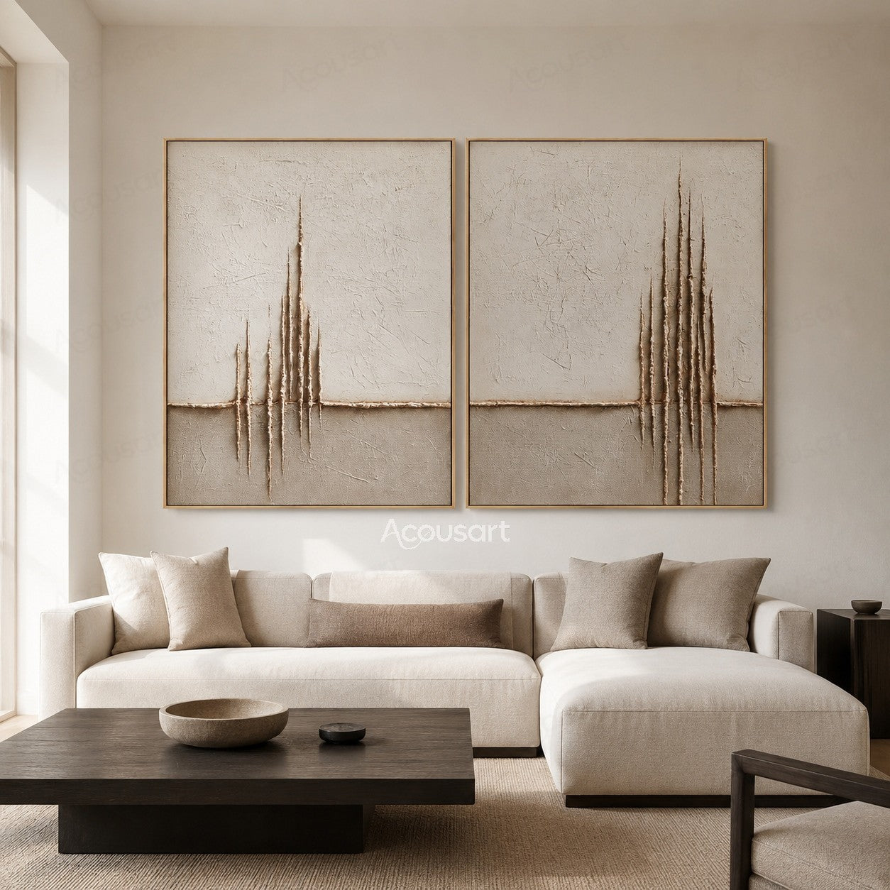 Minimalist textured diptych wall art with beige background and raised vertical line details