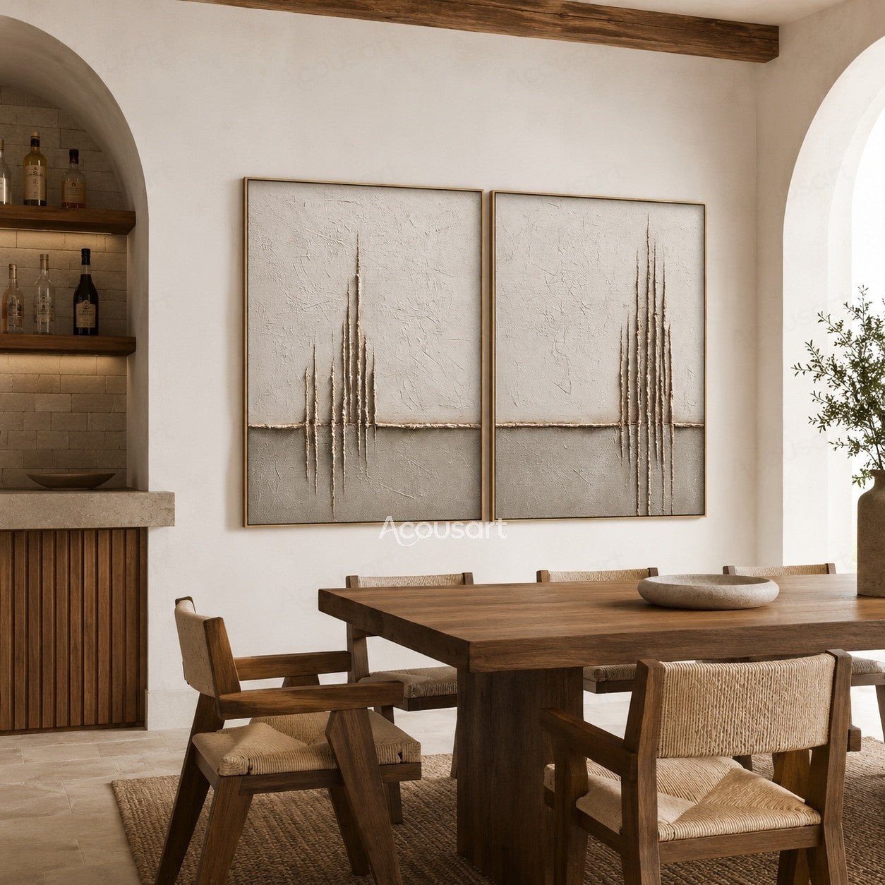 Minimalist textured diptych wall art with beige background and raised vertical line details