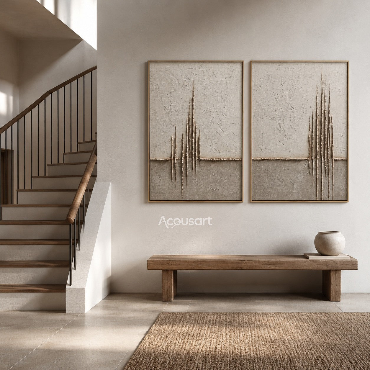Minimalist textured diptych wall art with beige background and raised vertical line details